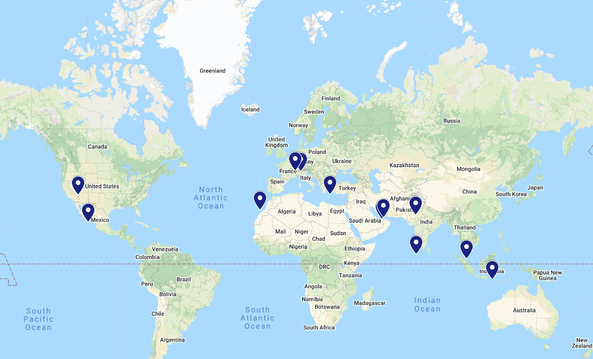 World map highlighting hotel branches